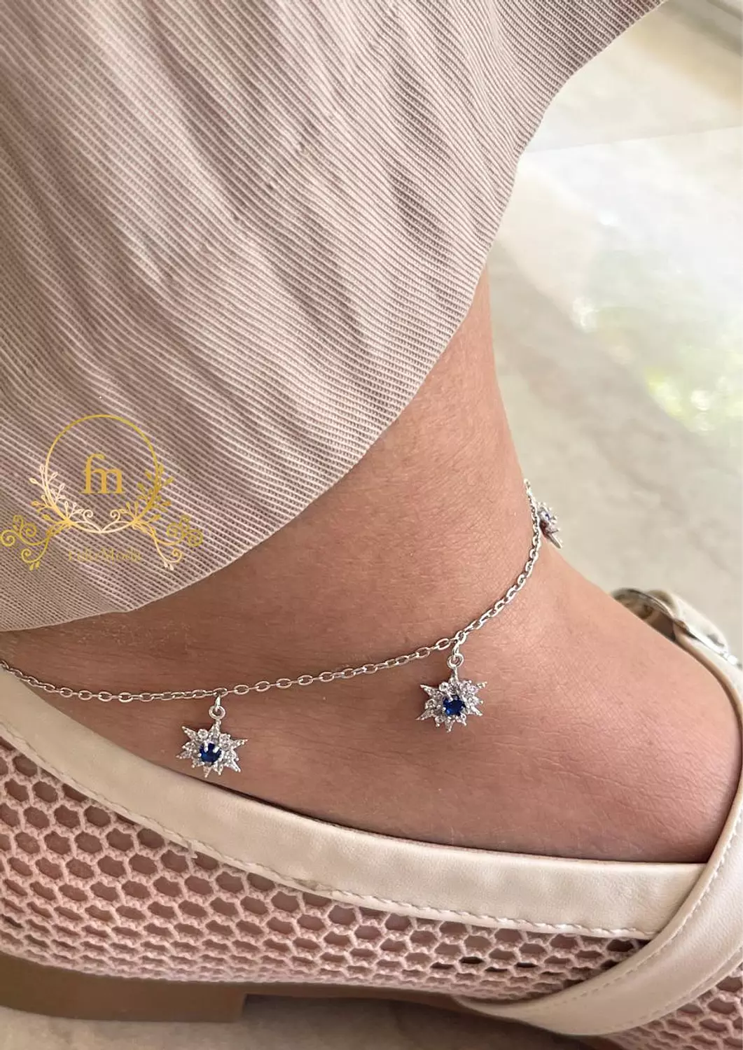 Blue flowers silver anklet image