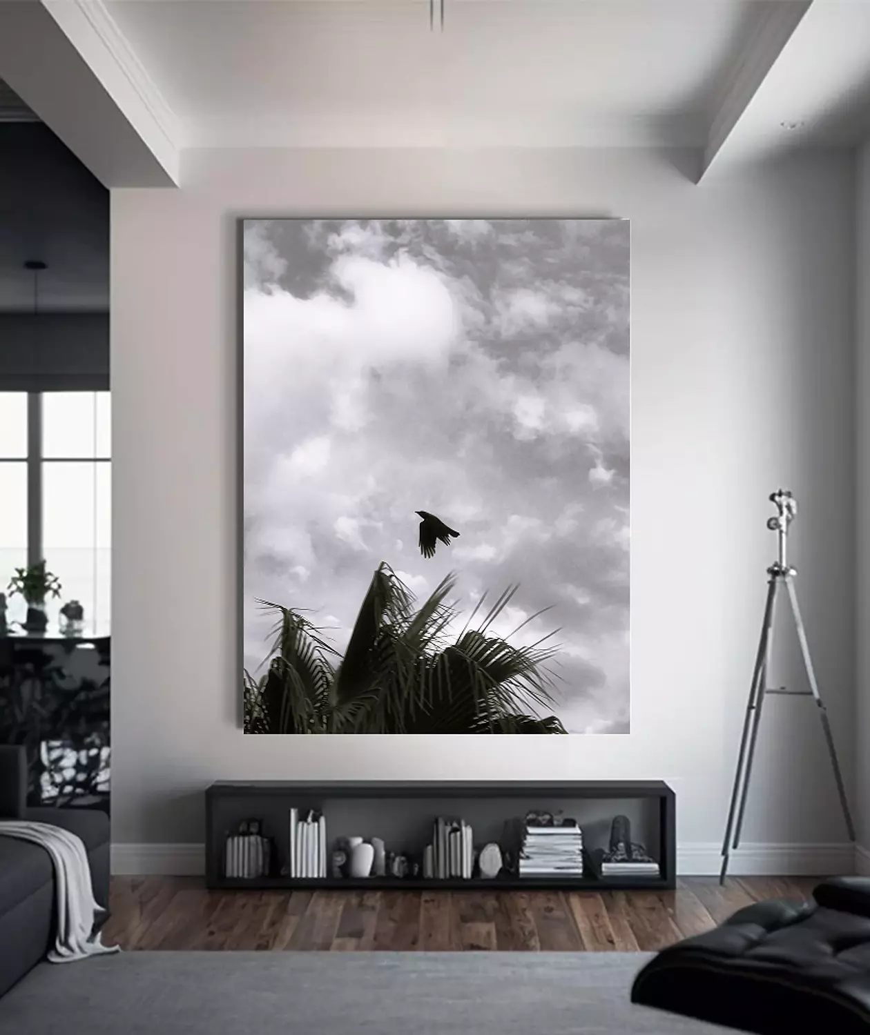  A lone bird rising through clouds and palms timeless in black and white 1