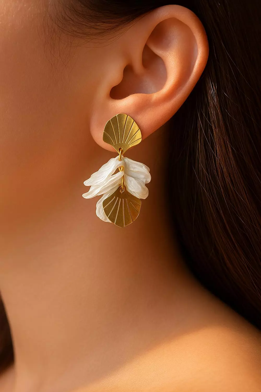 Gold Fan and Petal Drop Earrings image