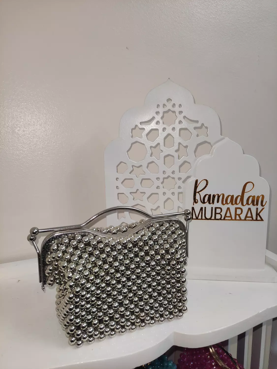 Silver beaded bag with silver frame  2