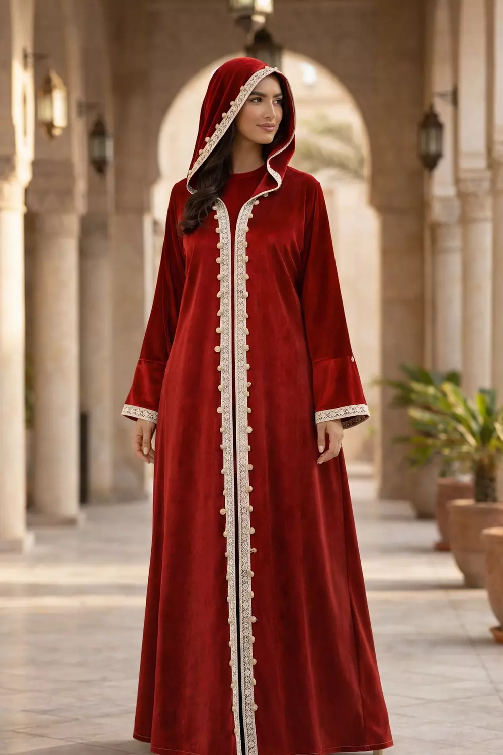Women's Velvet Ramadan Hooded Kaftan with Lace Trim, Long Sleeve Abaya Robe 2