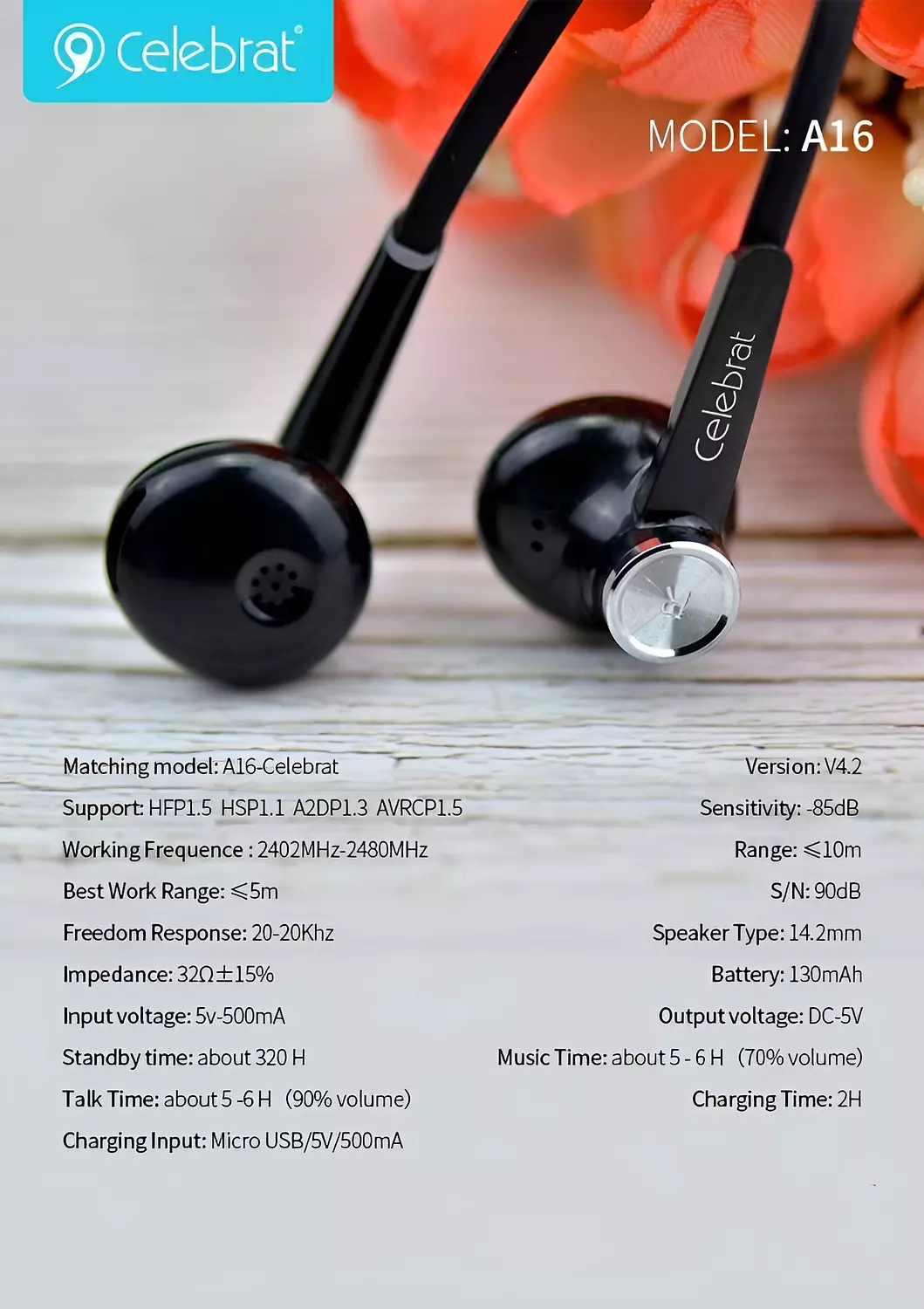 Bluetooth 5.0 Neckband Earphones - Up to 8 Hours of Battery Life - Comfortable Magnetic Design - Celebrat A16 5