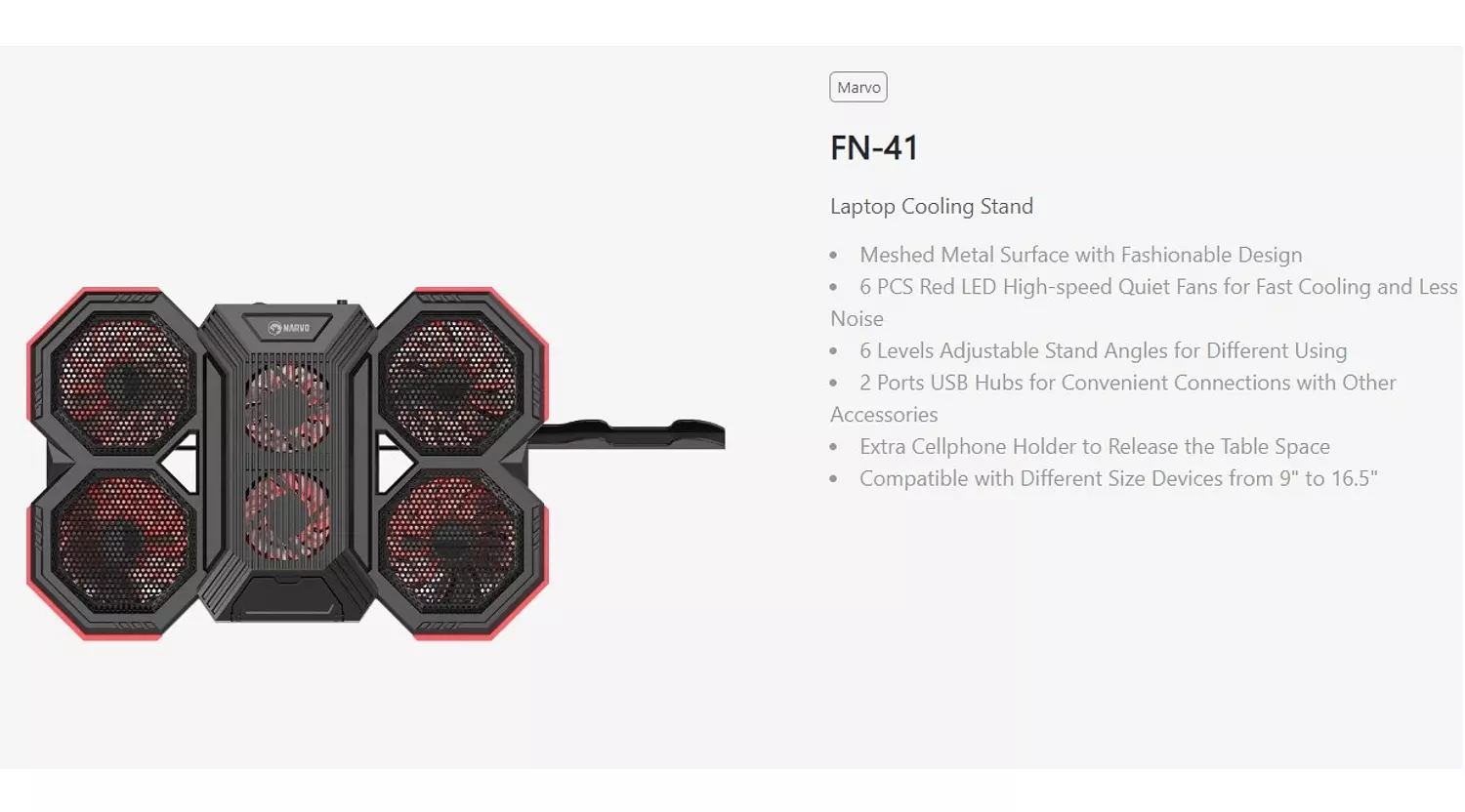 FN-41 Laptop Cooling Stand with 6 Fans, Red Backlight & Dual USB Ports 8