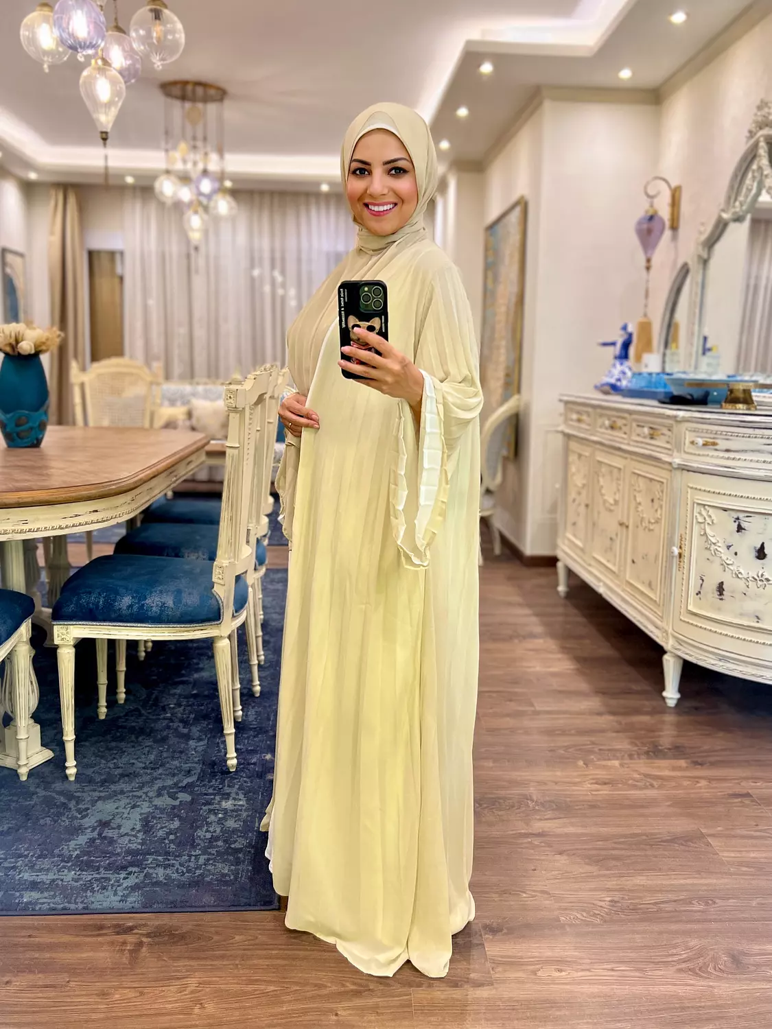 Double-faced Pleated Open Abaya- Off White & Beige 1