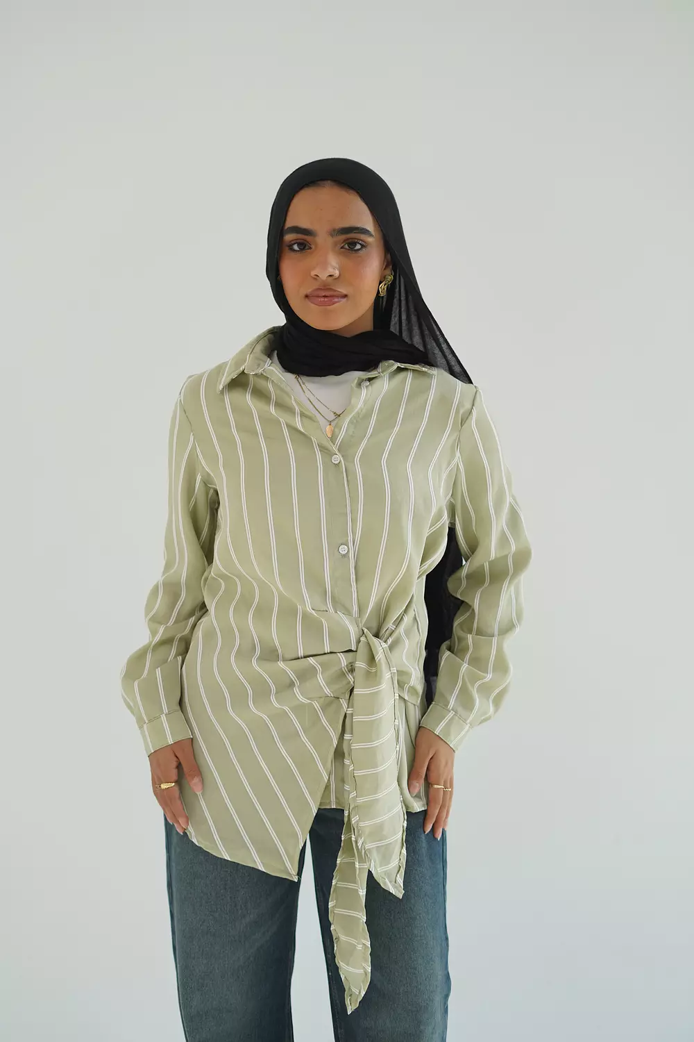 Olive long striped shirt with side tie hover image