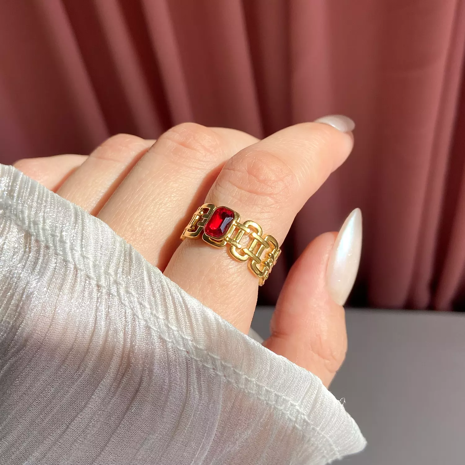 Red Stone Chain-Link stainless steel Ring❤️ image