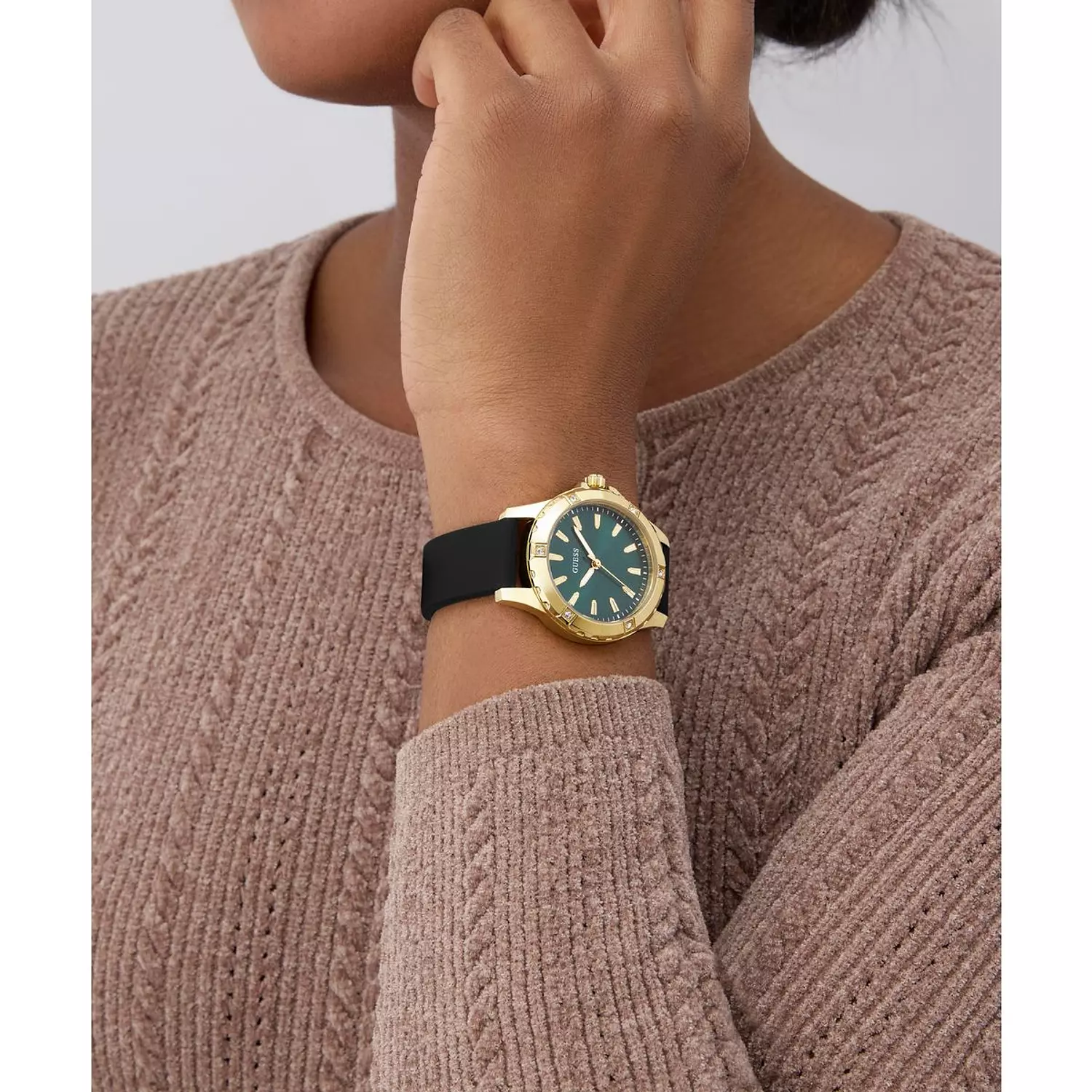 GUESS MIST Ladies Black Gold Tone Analog Watch BLACK Silicone Smooth Strap 6