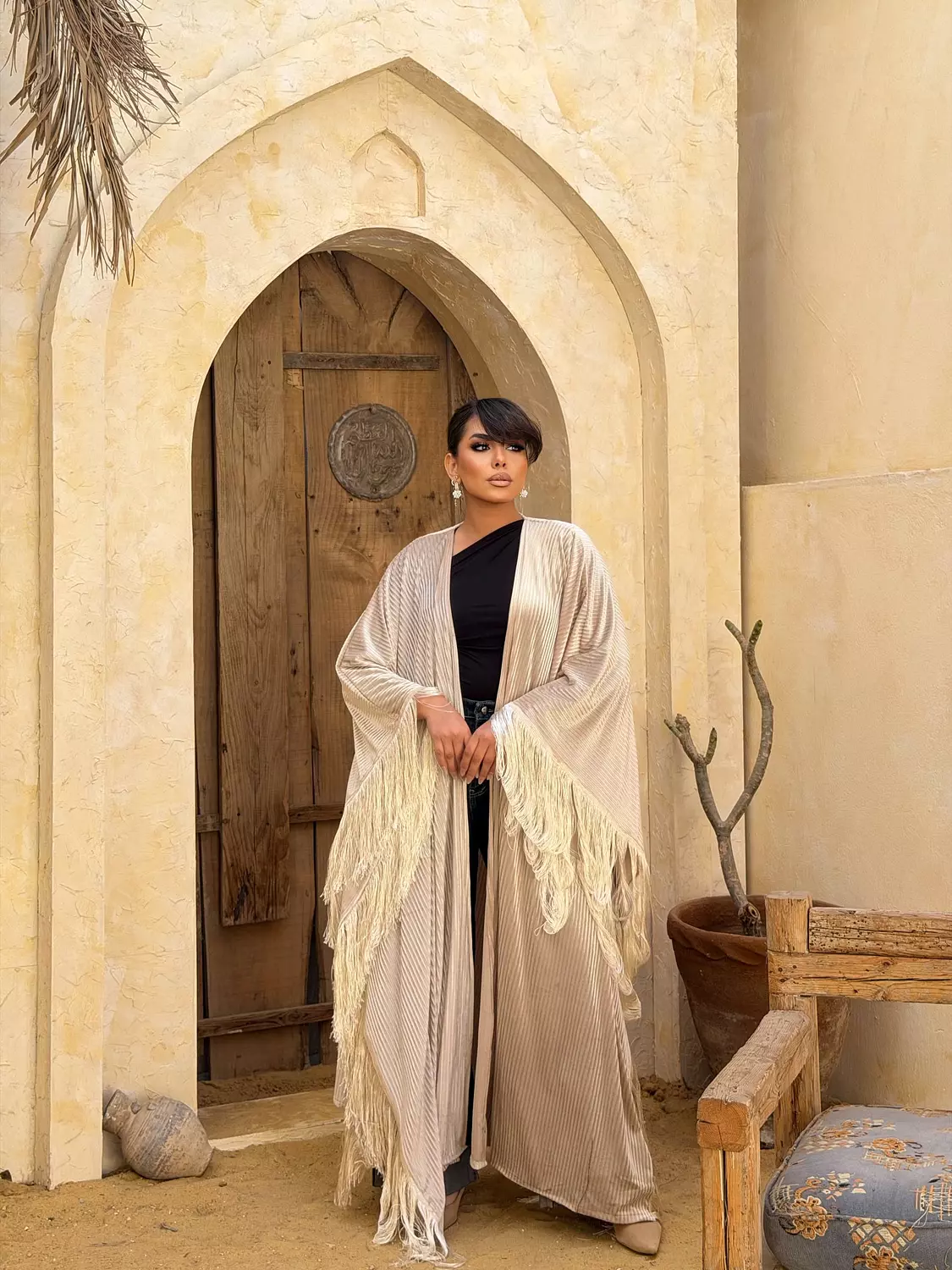 Plissé Fringed Kuftan In Cream image