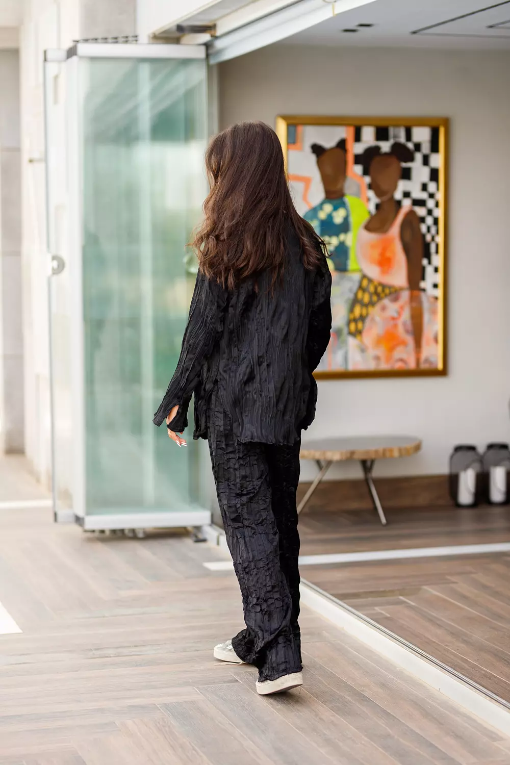 Black crushed satin pants set 3