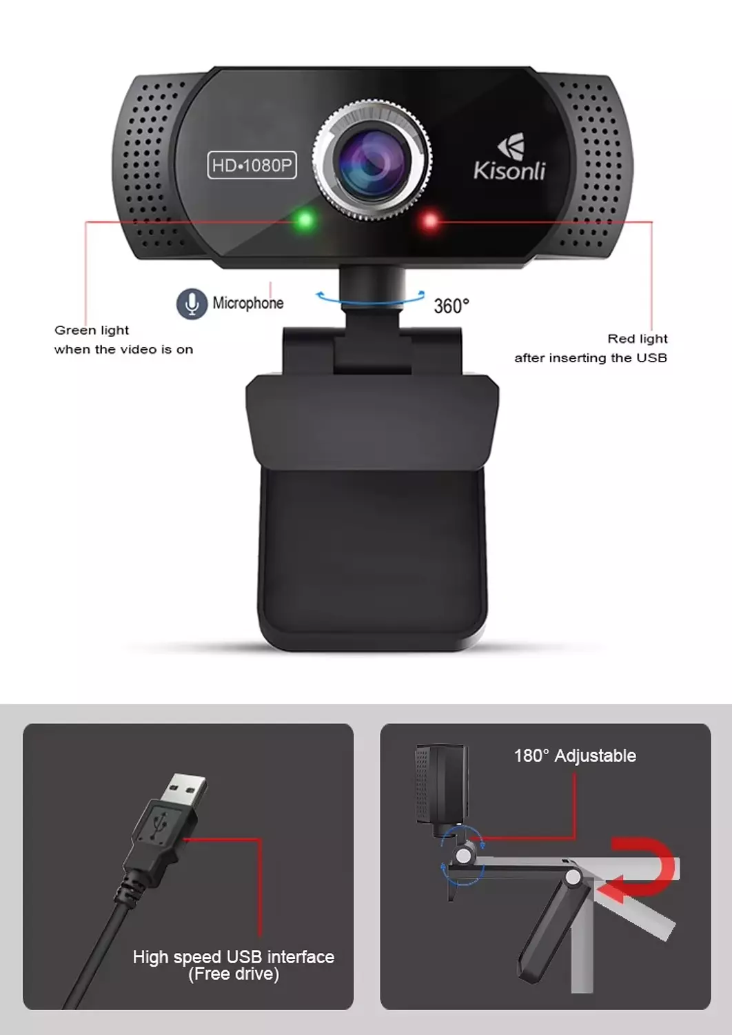 Kisonli PC-2 1080P HD Webcam - Built-in Mic - 90-Degree Angle 4