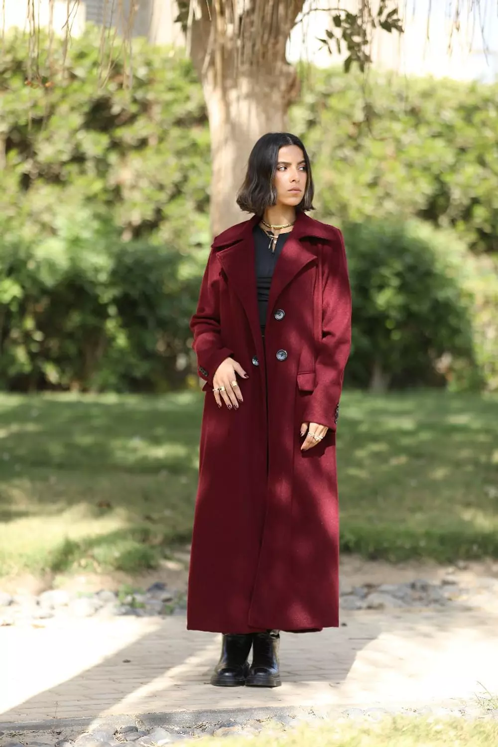 Burgundy long coat image