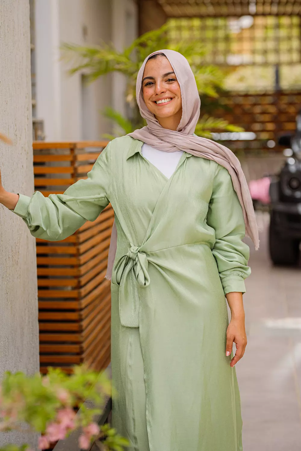 Mint shimmer wrap dress hover image