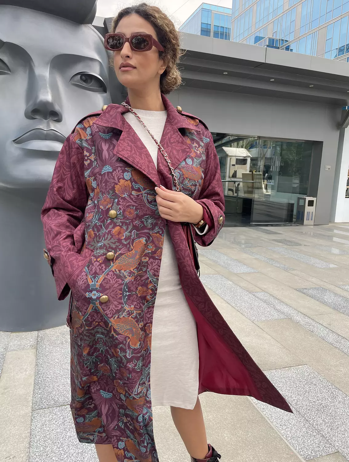Burgundy Bird Trench Coat 5