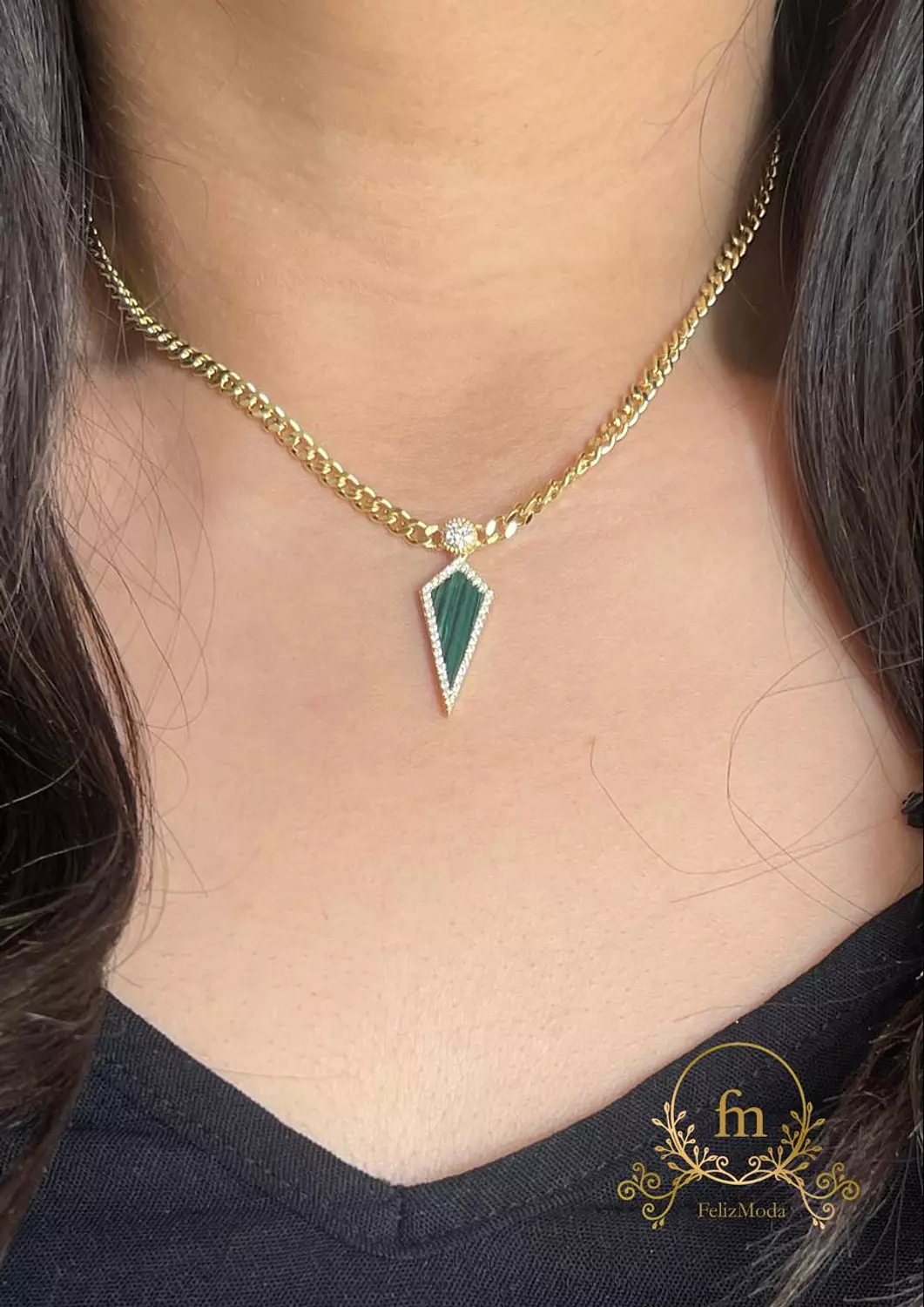 Oval green pendant braided silver necklace gold plated image