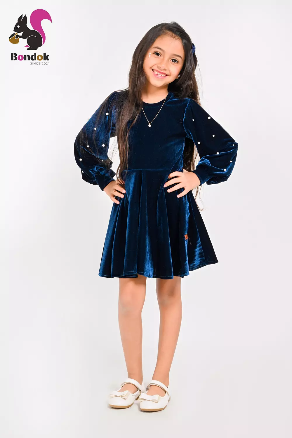 Loly Girls Velvet Dress with Pearl Details, (Red, Navy Blue, Emerald Green, Deep Fuchsia and Black) 14
