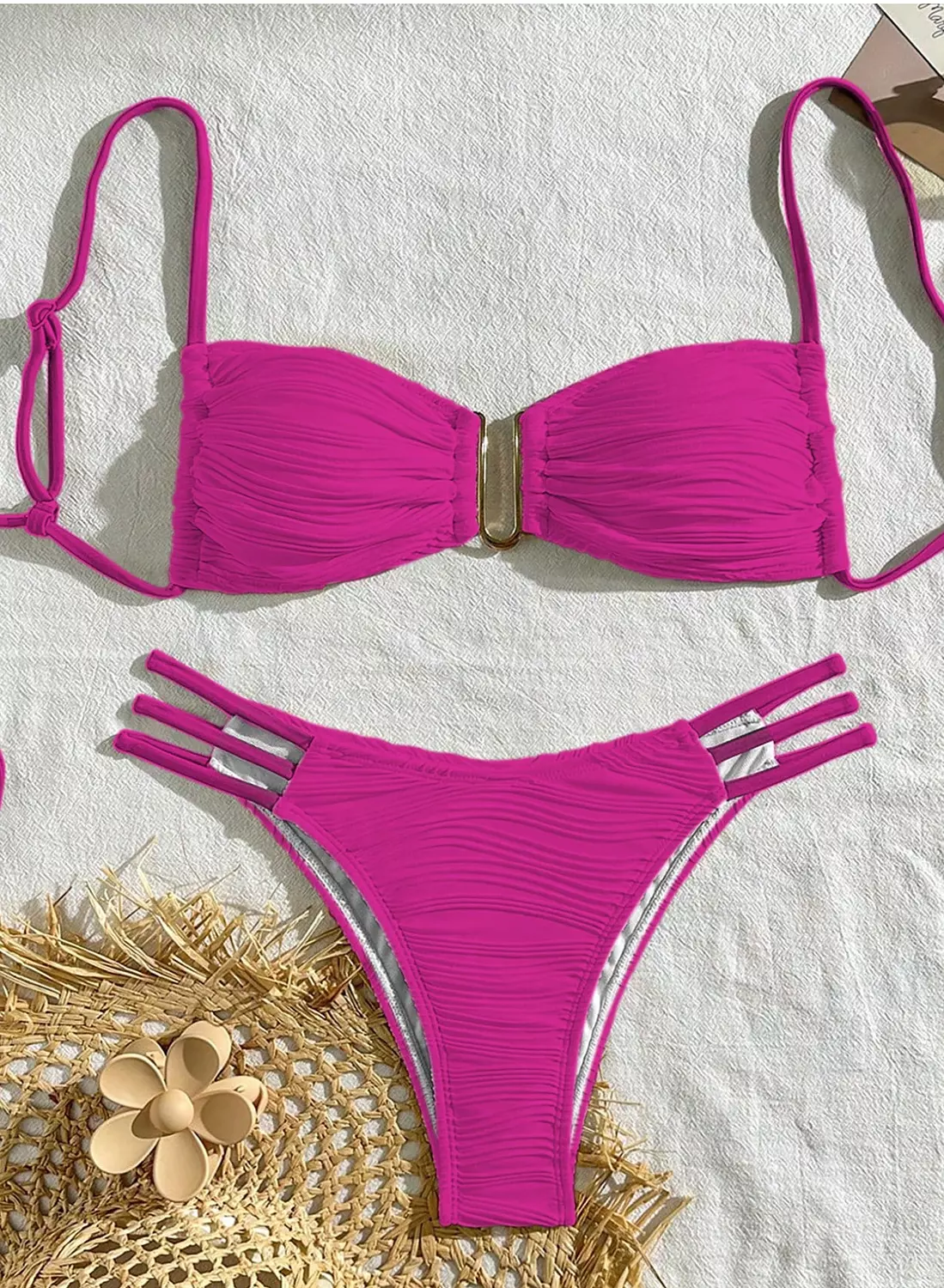 Plain Textured Summer Beach Holiday Hot Pink Bikini Swimsuit (Women's 2-Piece Set) hover image