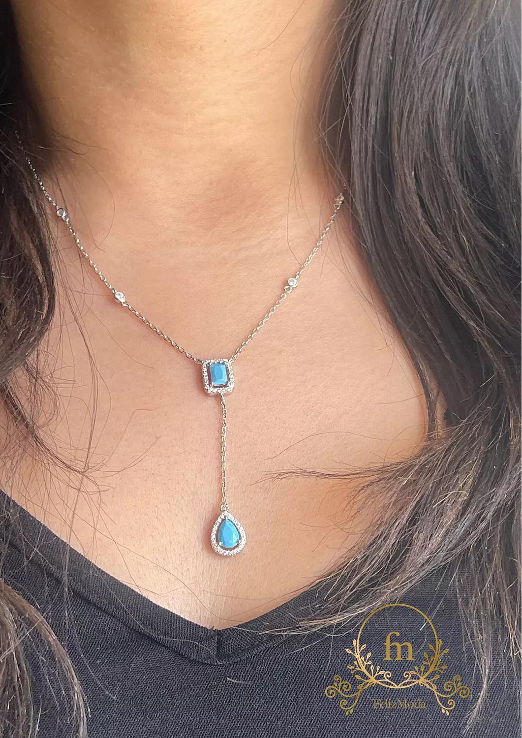 Oval and square Fayrouz stones long silver necklace image