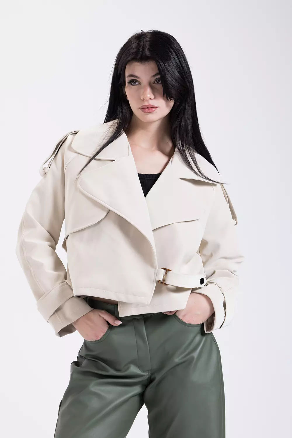 Cream Short Leather Jacket image