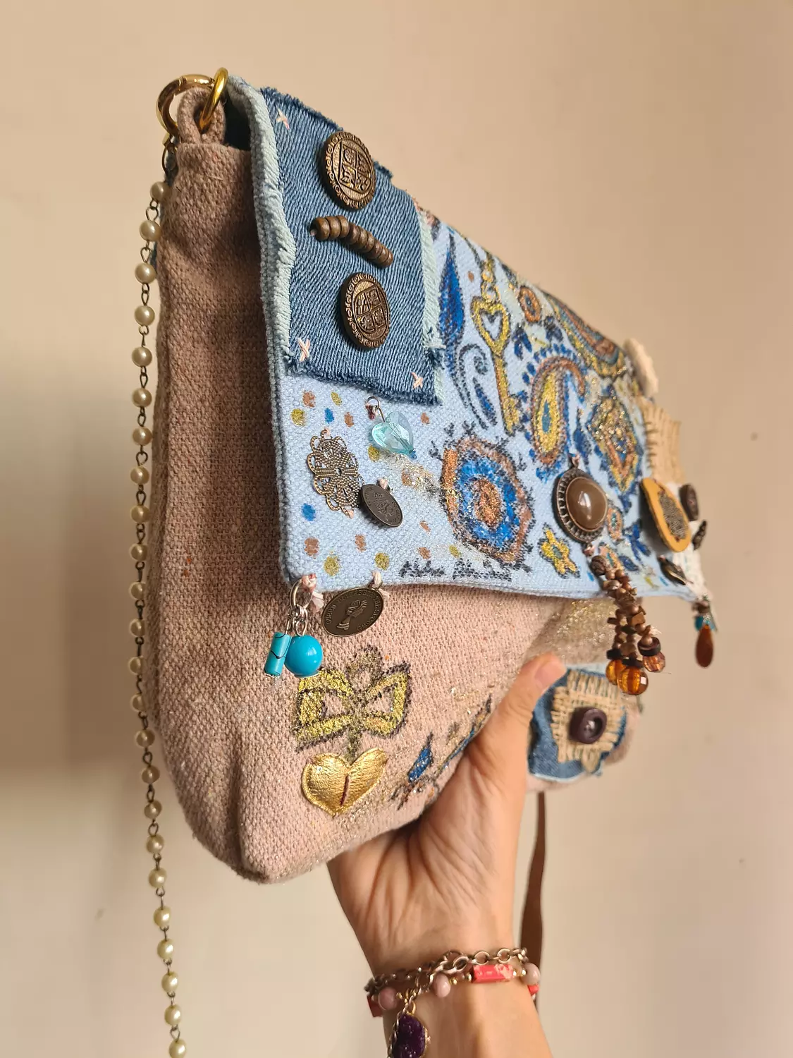 Mixed media fabric bag with genuine leather long strap 6