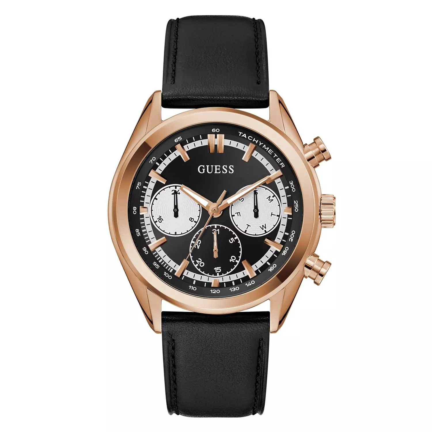 GUESS DAWSON Mens Black Rose Gold Tone Multi-function Watch Black Genuine Leather Smooth Strap image