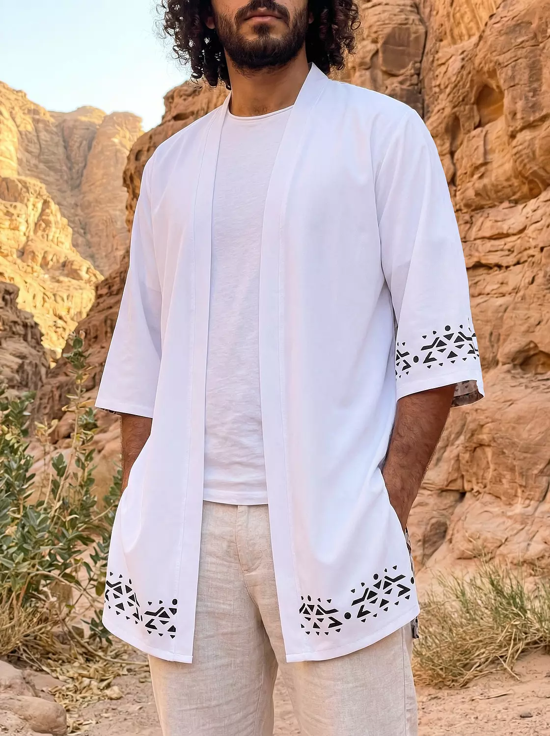 Hand-Printed White Viscose Kimono image