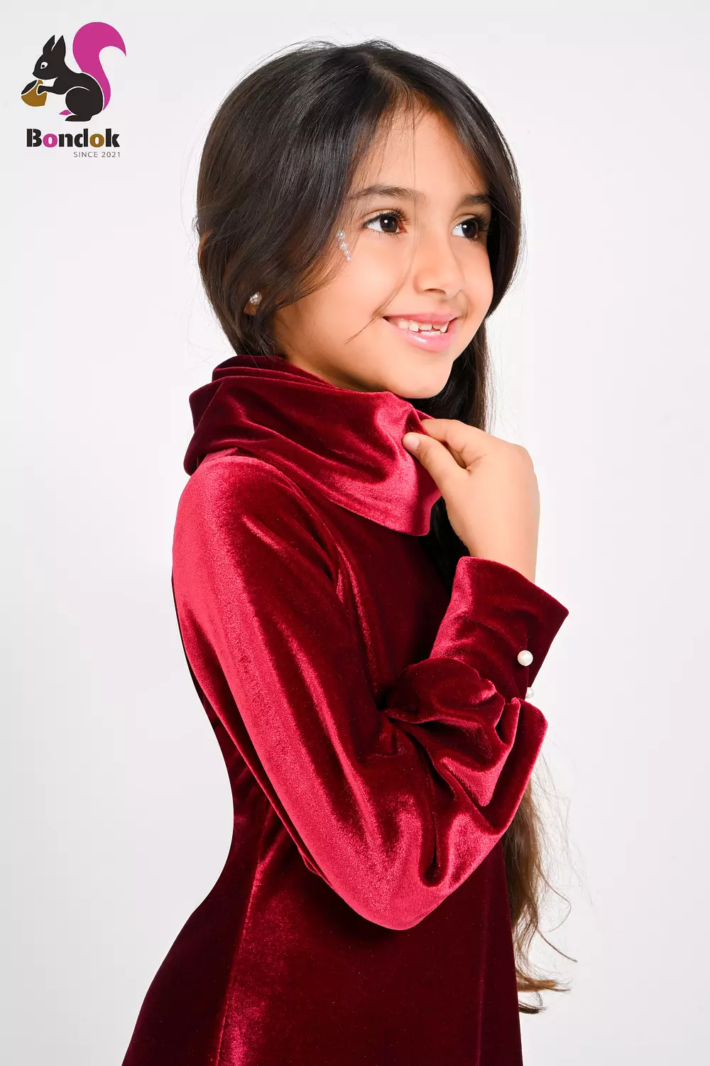 Pearl Slim Dress for Girls, Velvet Long Sleeve (RED, BLACK, EMERALD GREEN, NAVY BLUE AND DEEP FUCHSIA) 22