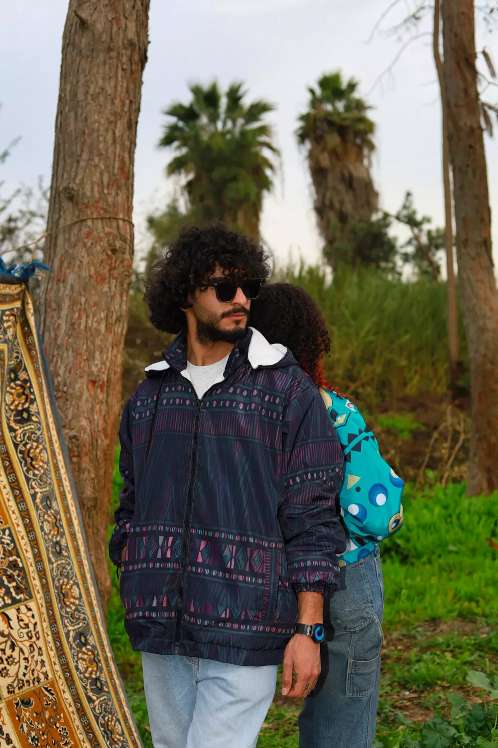 Hooded Black & Purple Ethnic Patterned Bomber Jacket 2
