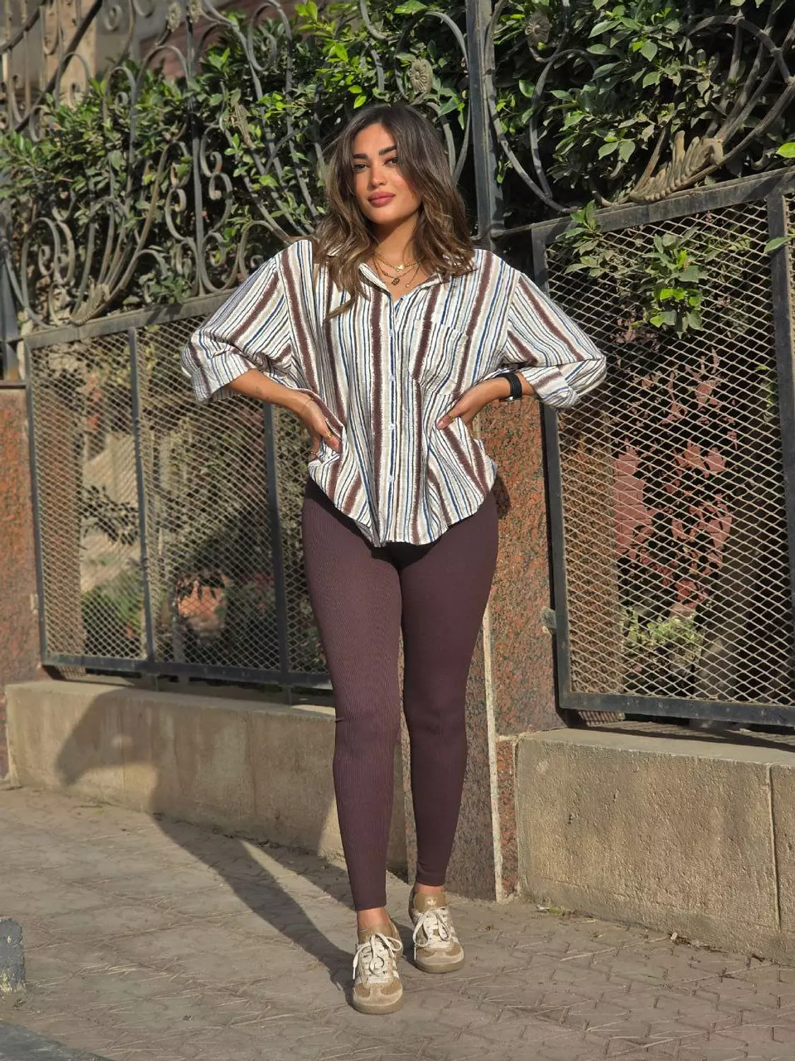Brown Ribbed Cotton Leggings  hover image