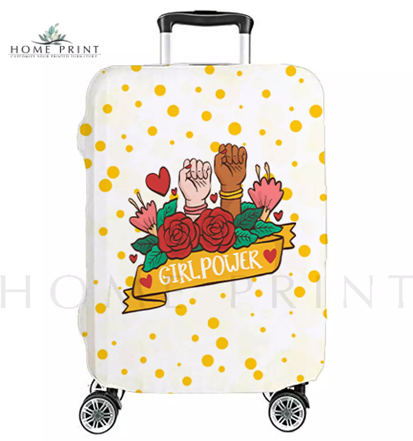 Suitcase Lycra Cover  - Girl Power Design -Yellow Dots with white background  image