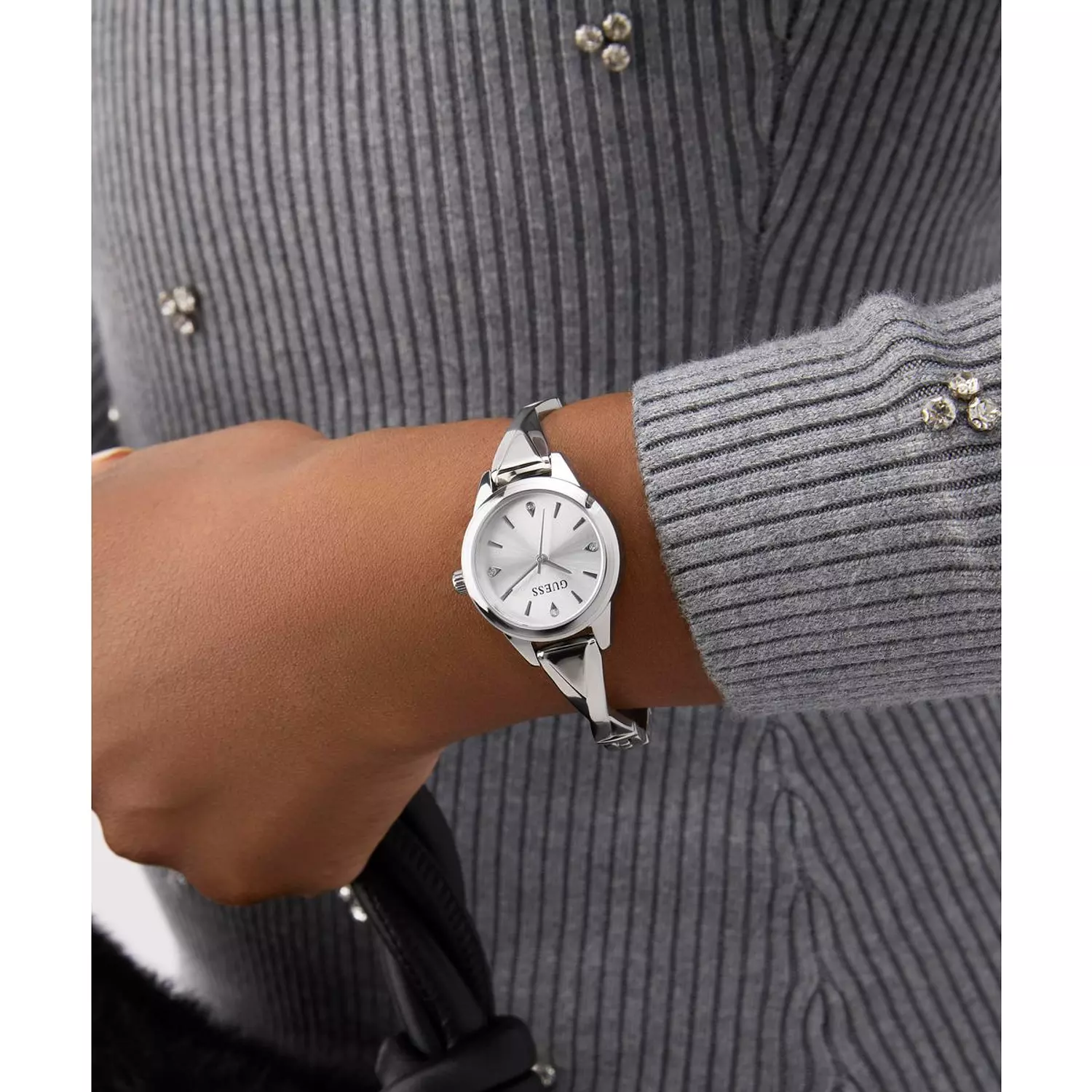 GUESS Ladies Silver Tone Analog Watch Silver Tone Recycled Steel & Genuine Leather Bracelet GW0951L1 7