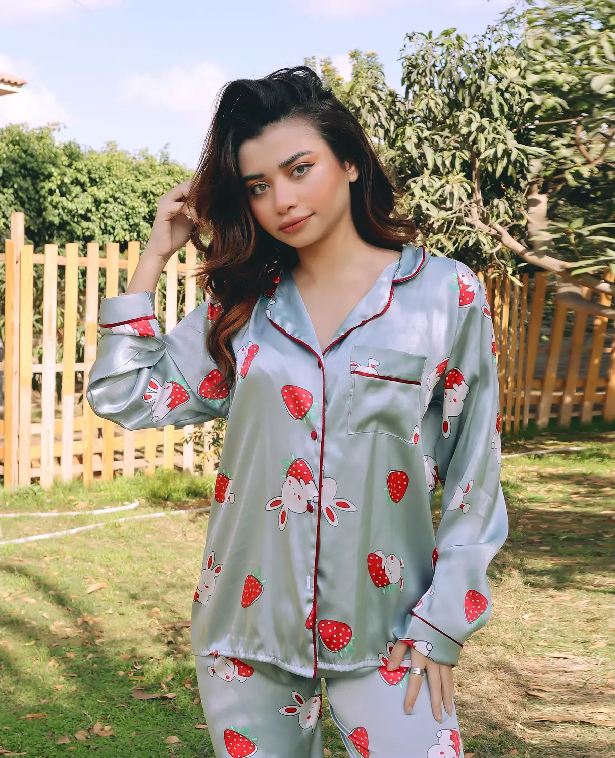 Bunny & Strawberry Print Satin Pajama 6