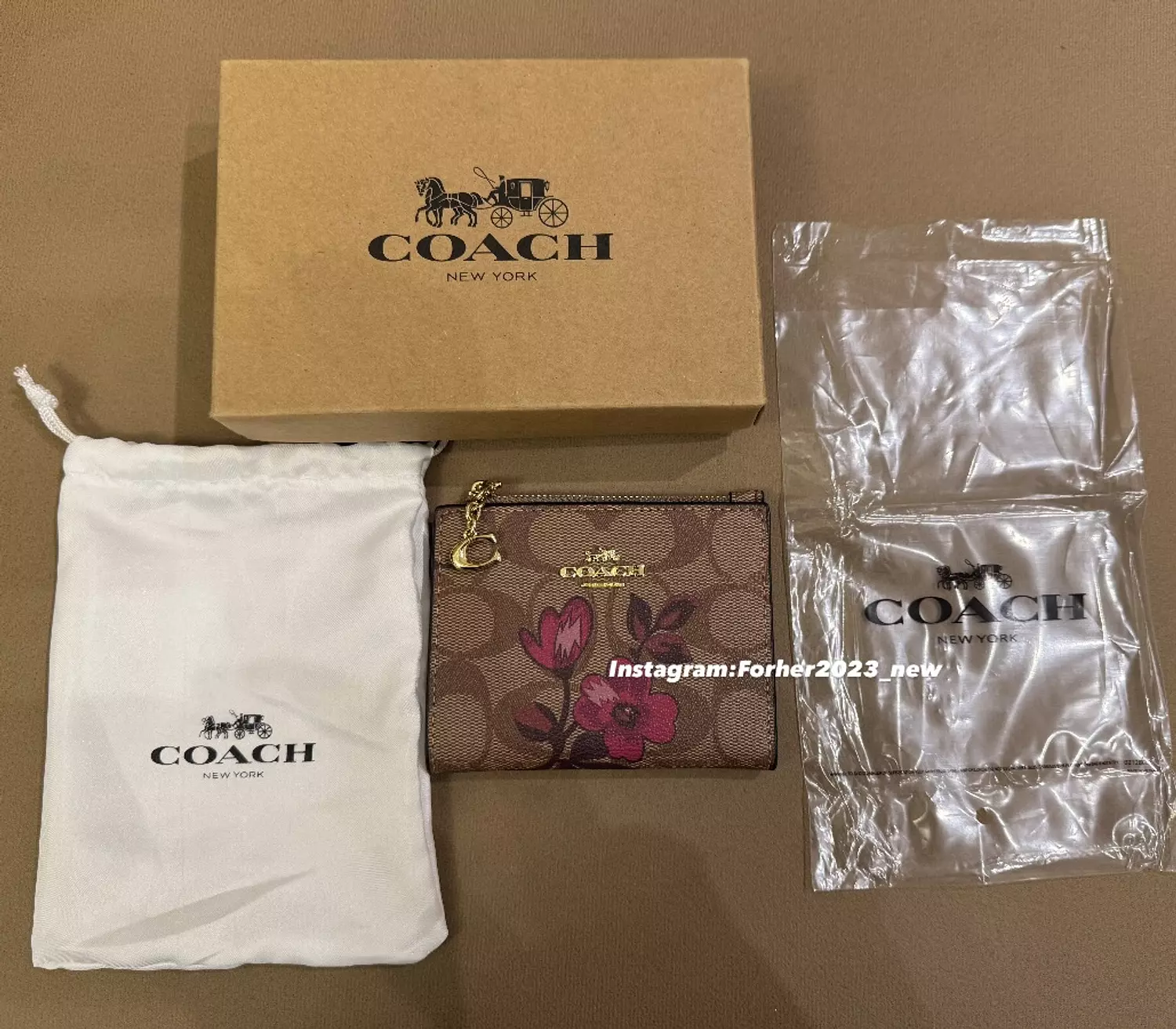 Coach bifold wallet light brown with pinkish flowers  2