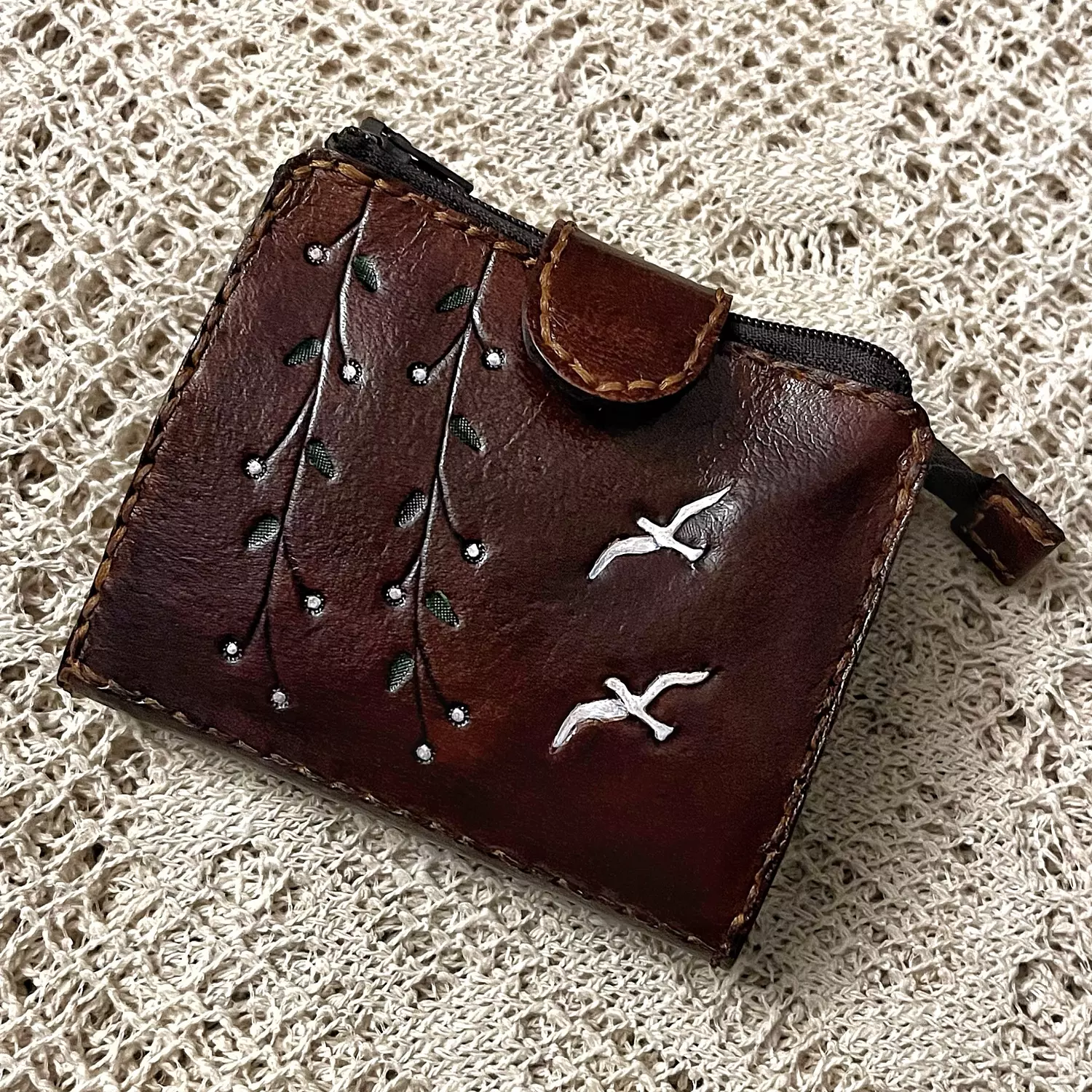 Birds & branches tooled leather wallet -flap closure image