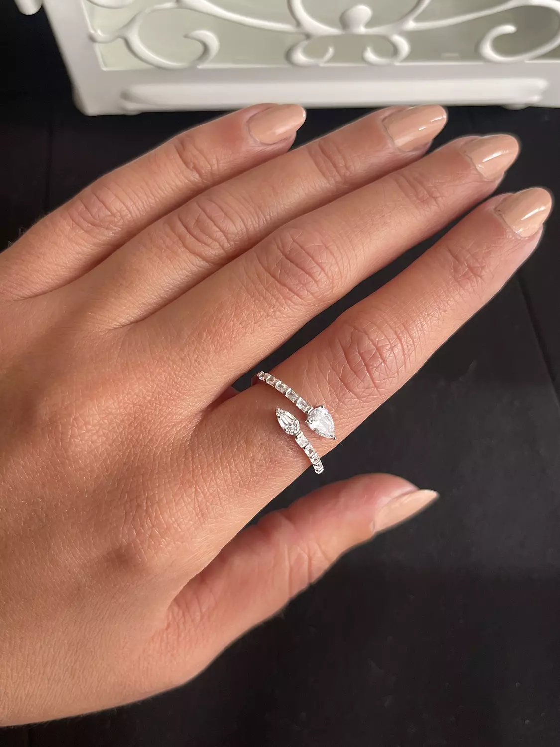 Two oval and multiple crystals silver ring  image
