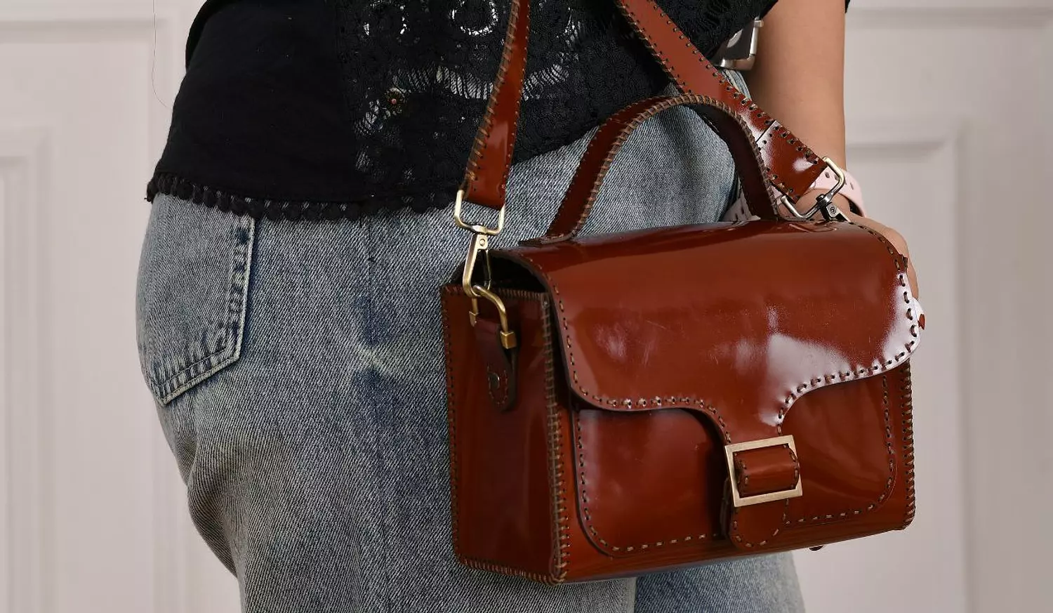 brown shiny bag hover image