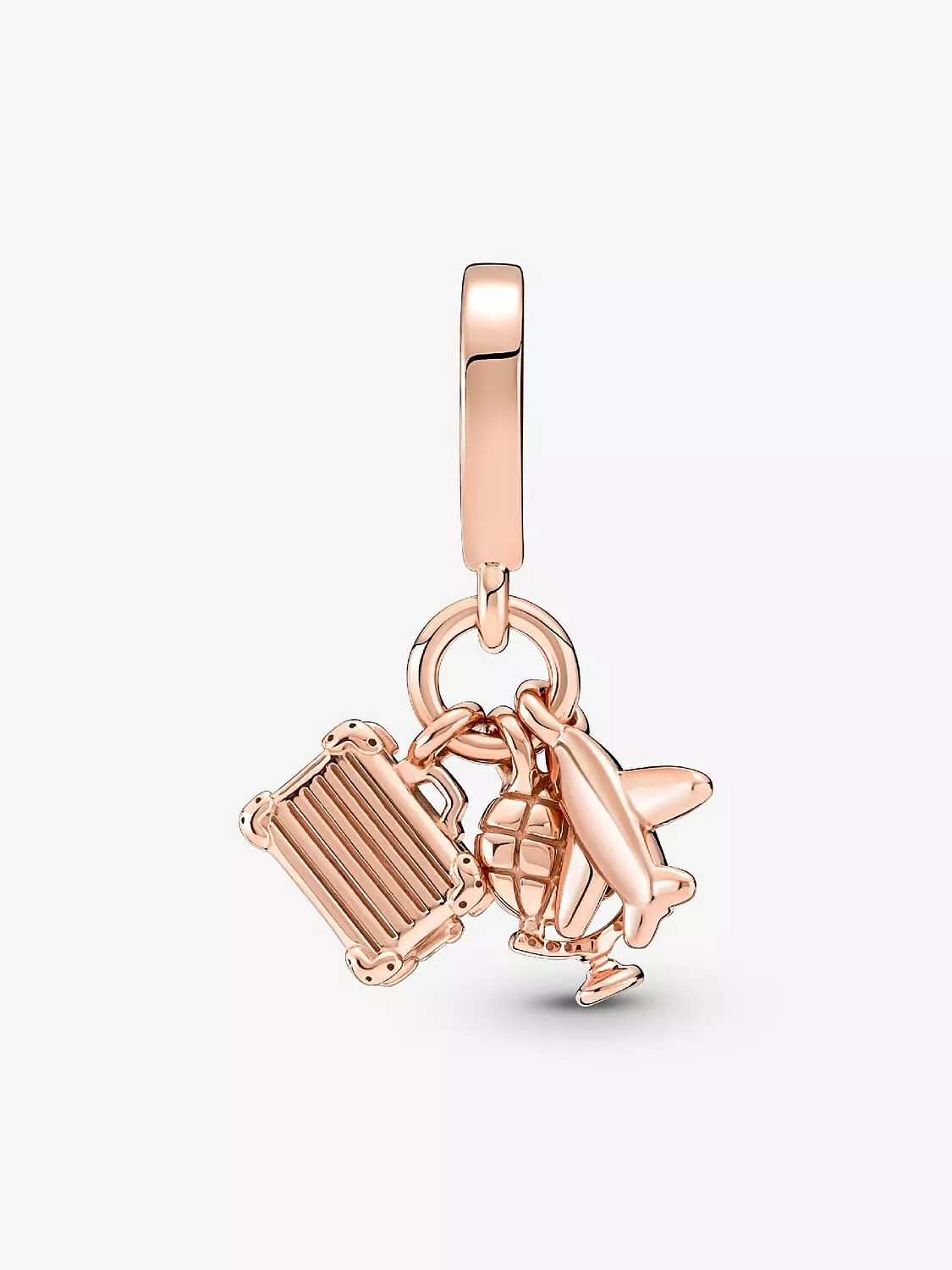 Airplane, Globe & Suitcase Triple Dangle Charm 14k rose gold plating 2
