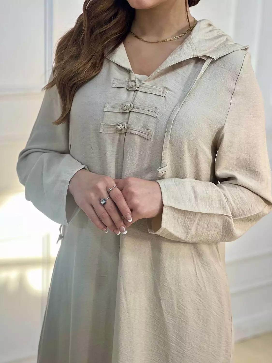 Hooded Linen Kaftan Dress - Beige hover image