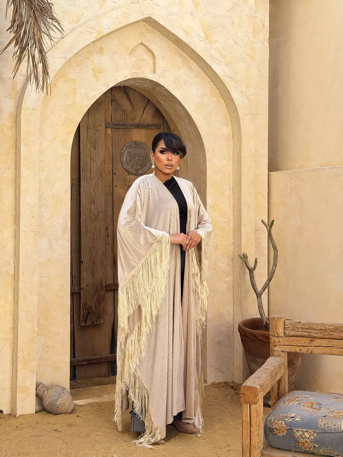 Plissé Fringed Kuftan In Cream 3