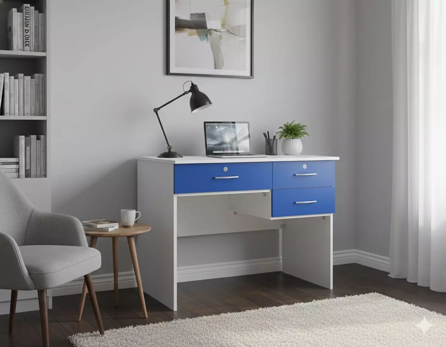 مكتب 100سم 2+1 درج ابيض * ازرق image