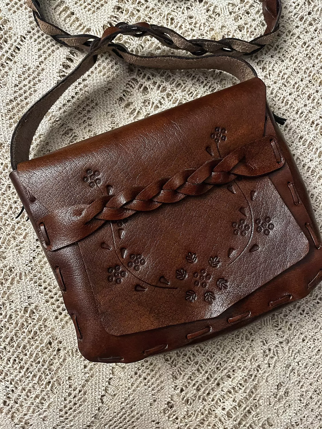 Tooled floral vines - braided strap leather bag 5