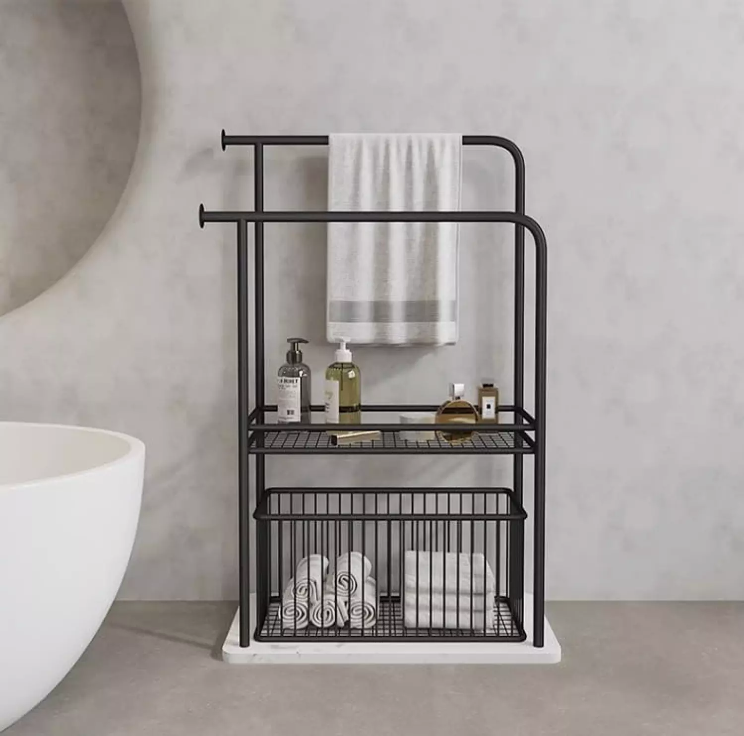 Bathroom towel organizer with clothes basket  image
