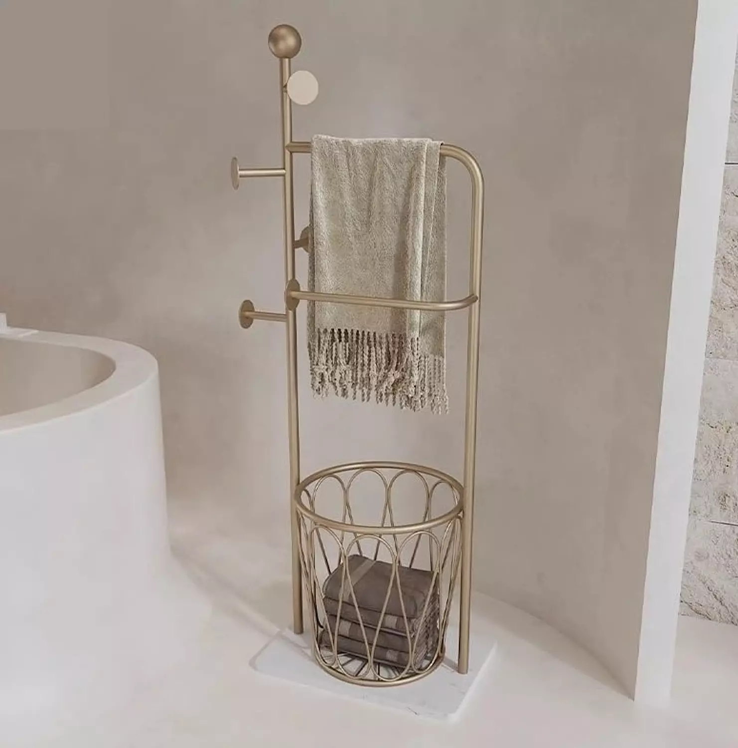 Bathroom towel organizer with clothes basket  hover image