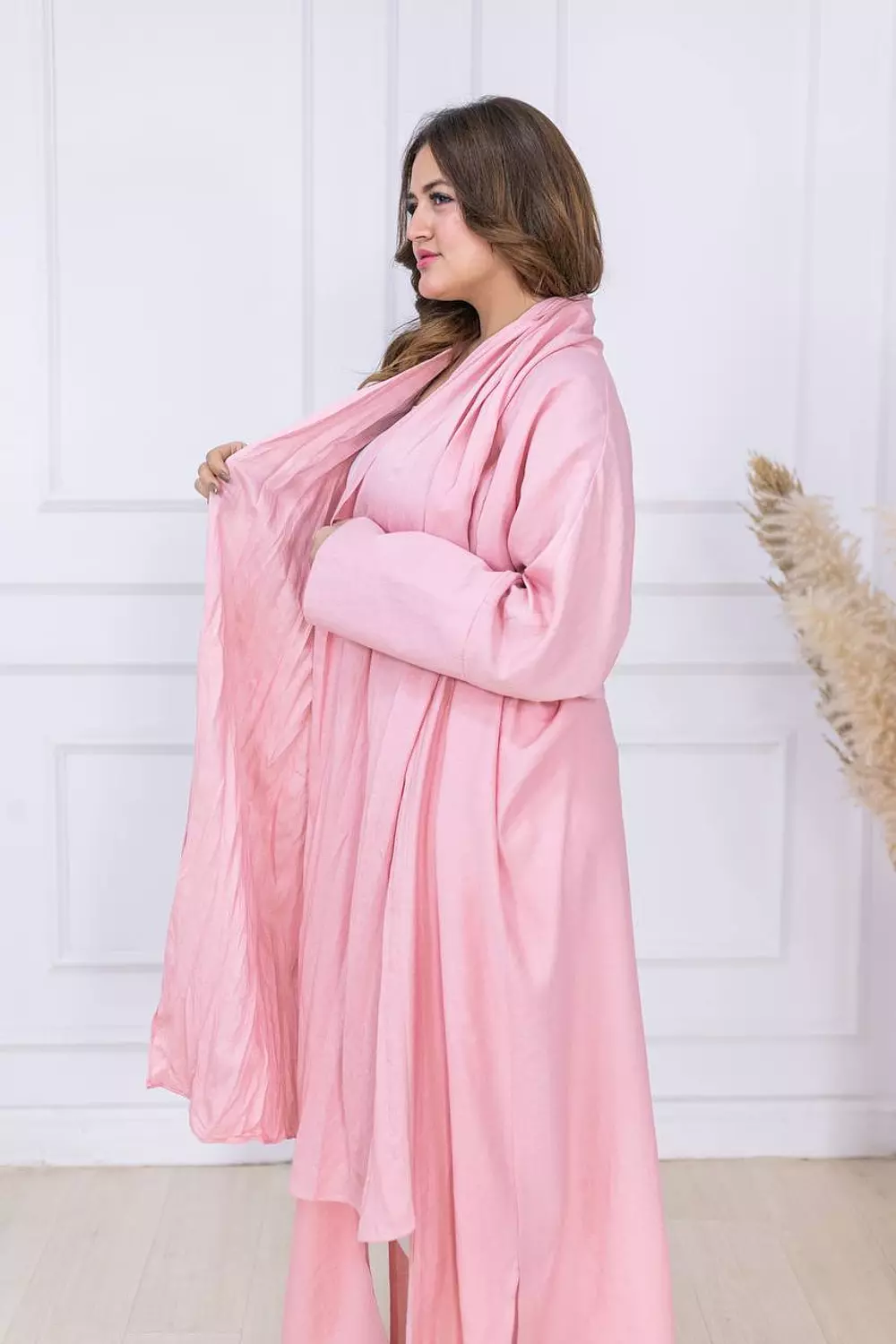 Linen Cardigan Robe With Attached Shawl - Pink 3