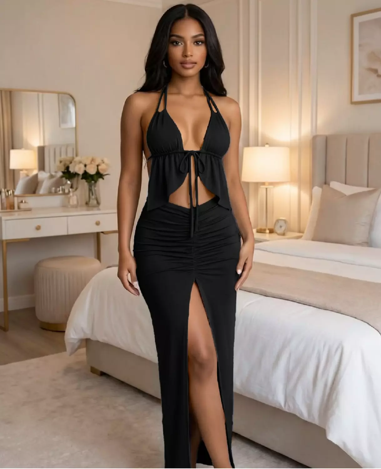Halter Crop Top & Ruched Slit Maxi Skirt hover image