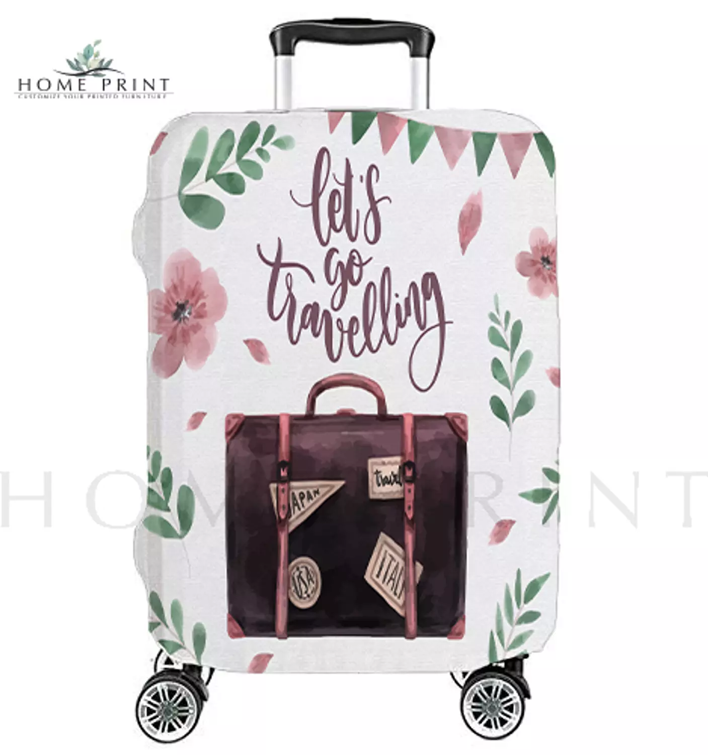 Suitcase Lycra Cover  - Flowers  - White Background  image