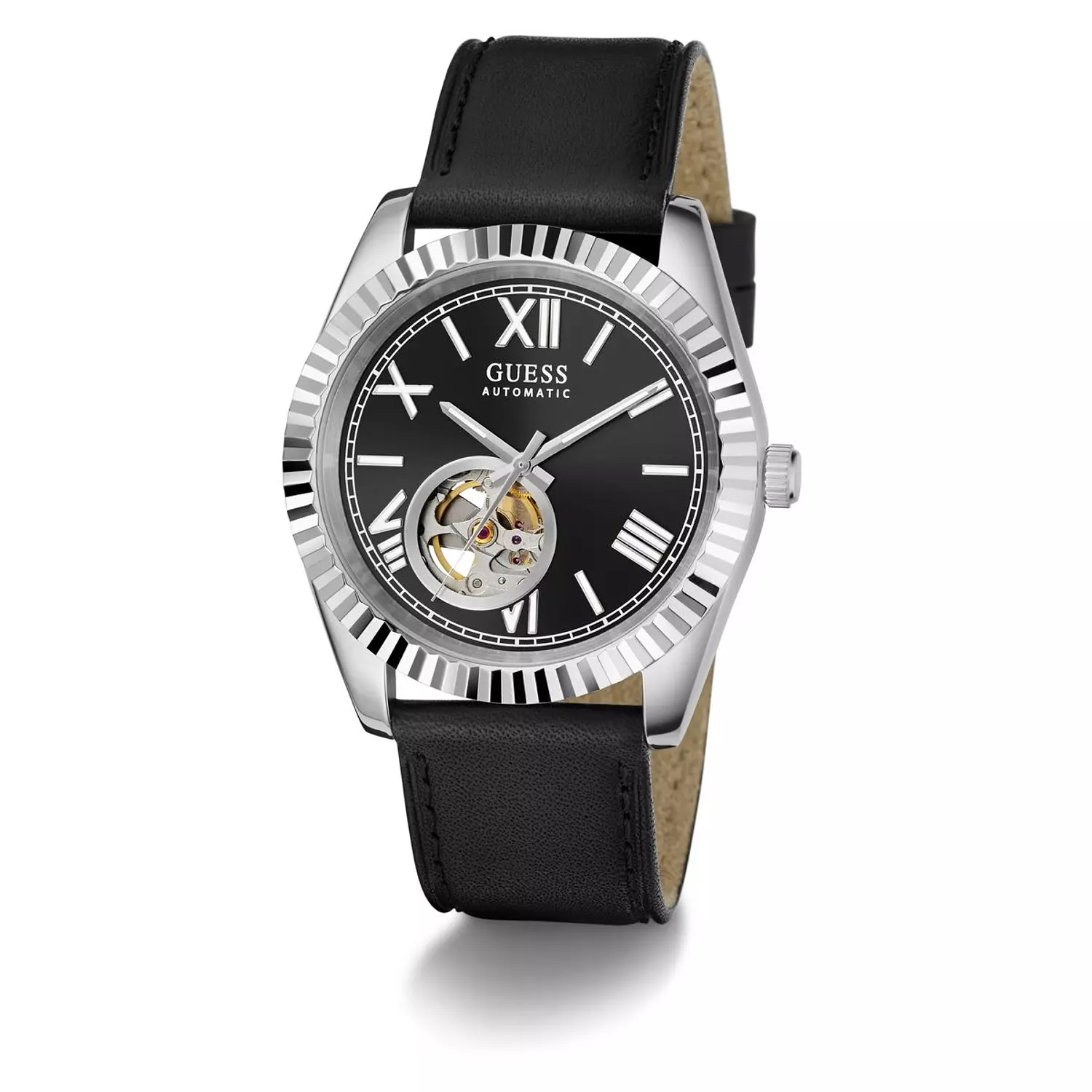 GUESS CONNOISSEUR Mens Black Silver Tone Automatic Watch Black Genuine Leather Brushed/Polished Strap 3
