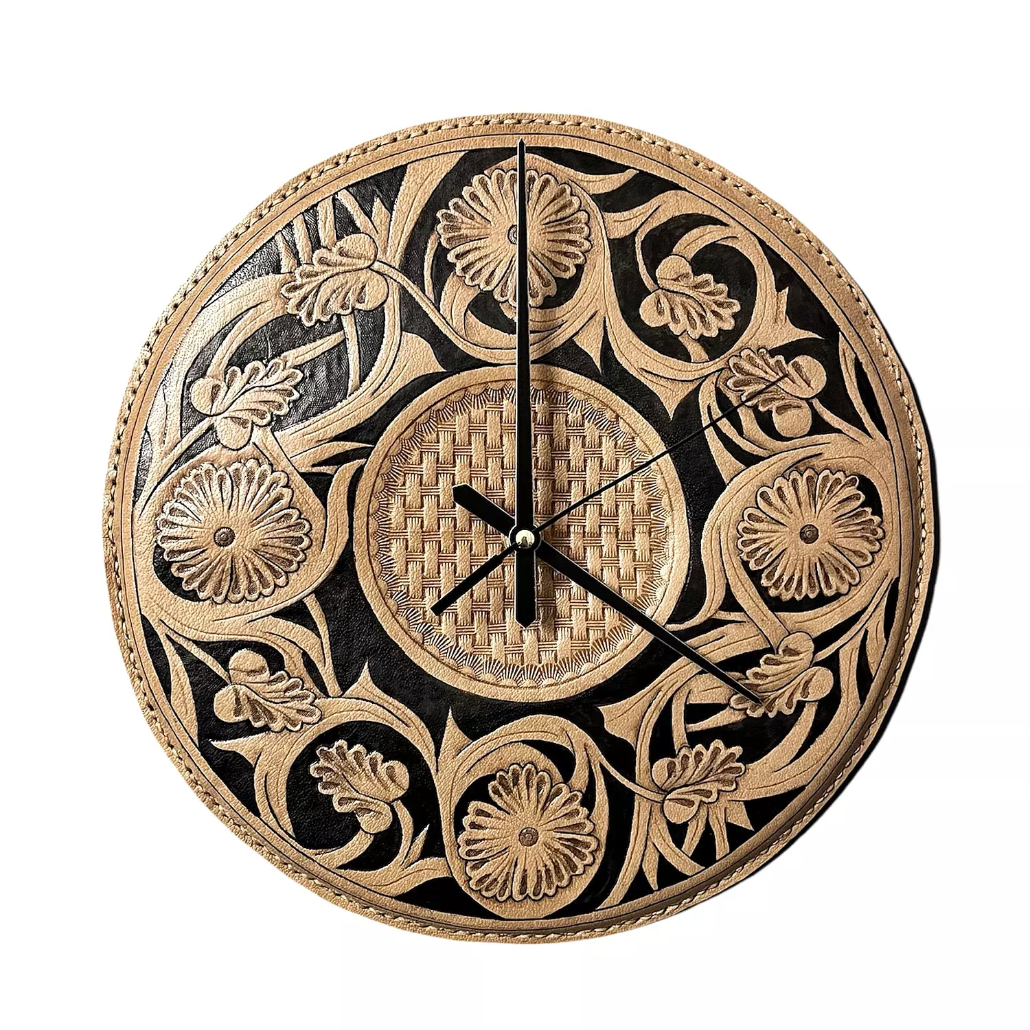 Tooled floral basket leather wall clock image