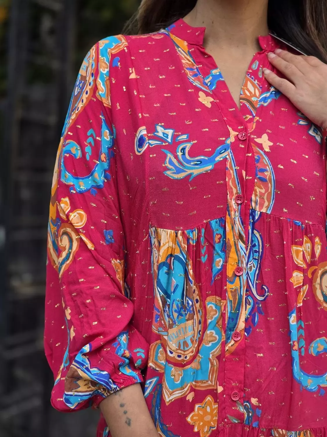 Fushia multicolour dress with gold shimmer hover image