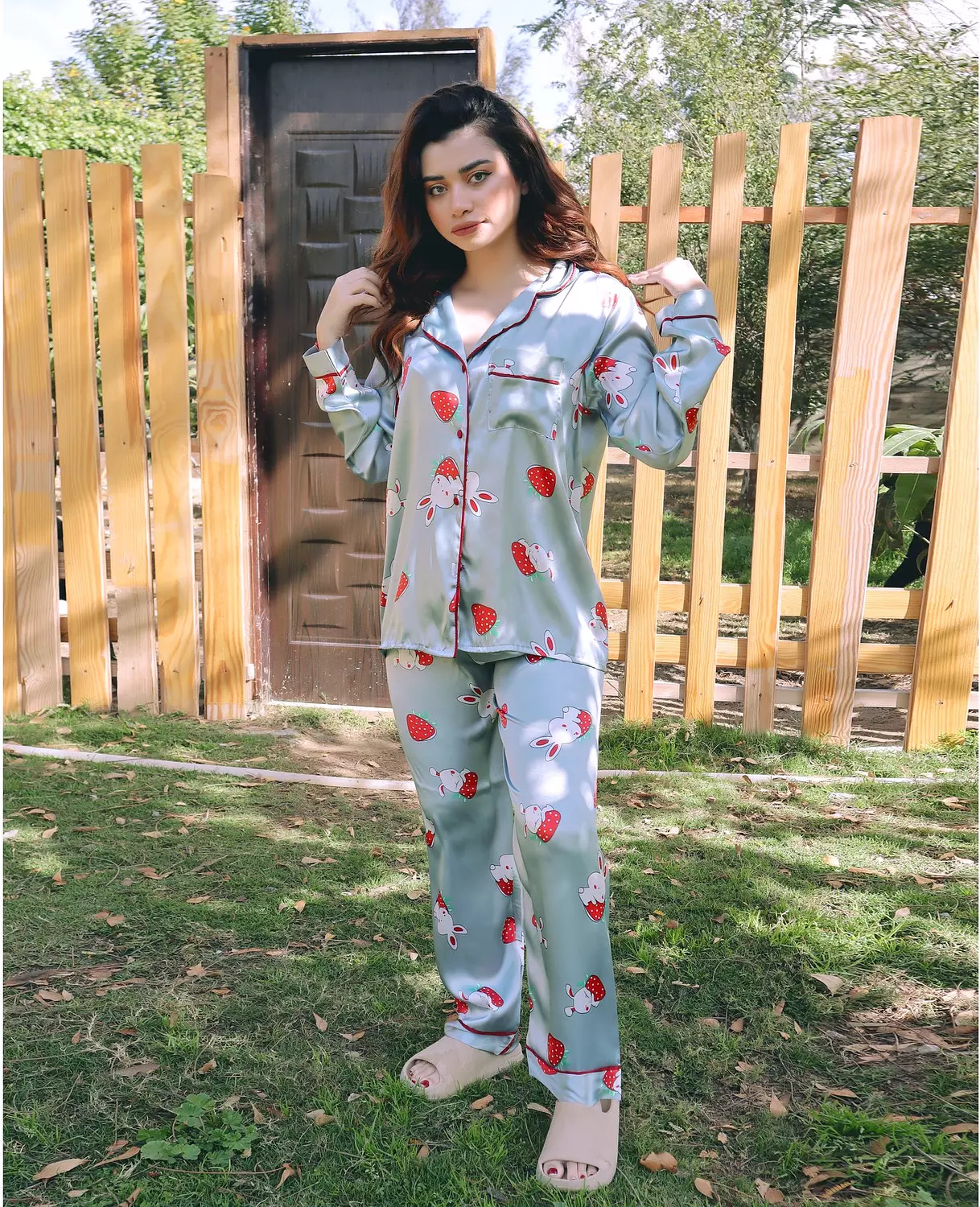 Bunny & Strawberry Print Satin Pajama 7