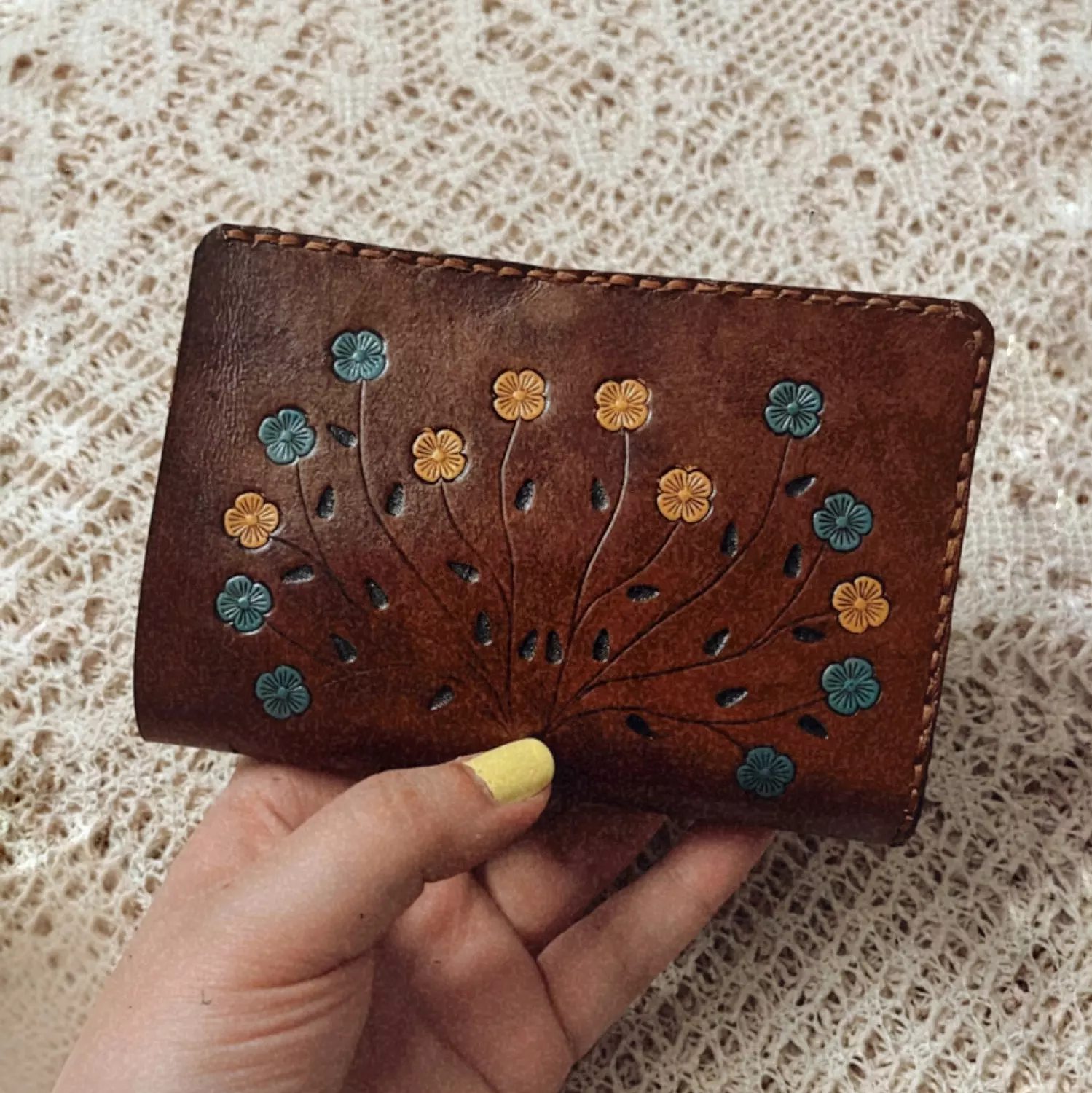 Hand painted yellow-blue flowers medium leather wallet 3